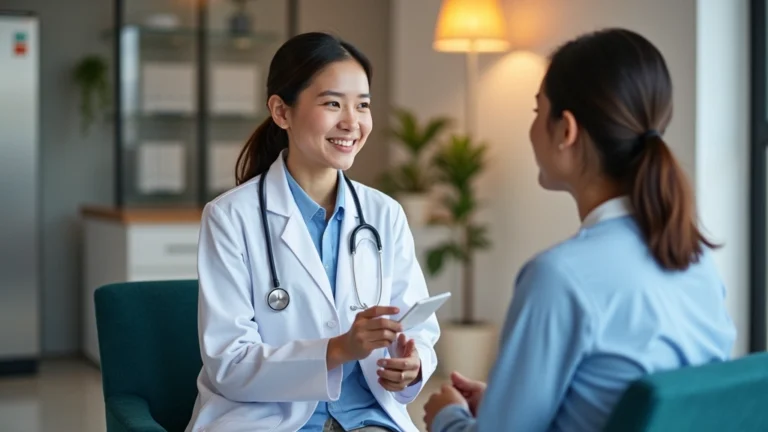 Professional healthcare provider in white coat consulting with patient in modern medical clinic office setting, warm lighting, friendly interaction