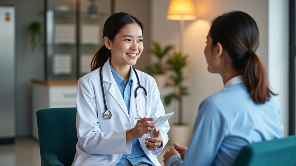 Professional healthcare provider in white coat consulting with patient in modern medical clinic office setting, warm lighting, friendly interaction