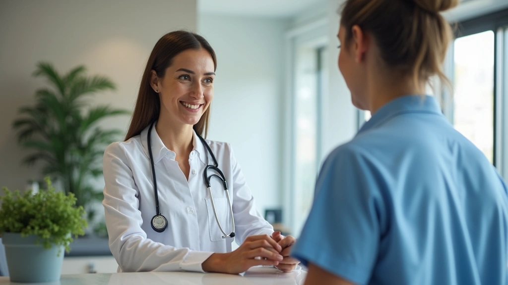 Receptionist at modern clinic front desk checking in patient, professional healthcare facility interior, welcoming environmen