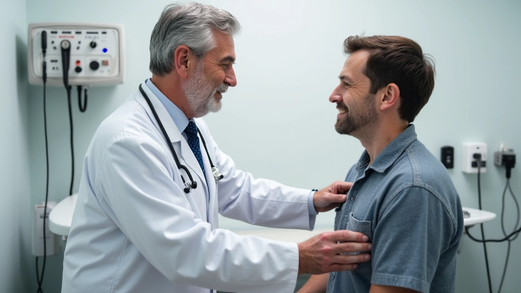 Doctor performing routine physical examination on patient in clinical exam room, professional medical equipment visible, cari
