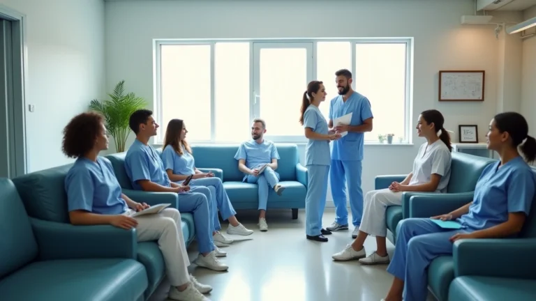 Professional diverse medical team in modern clinic waiting room with welcoming atmosphere, natural lighting, no text