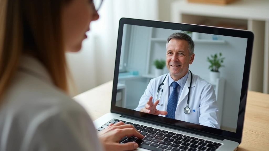Patient receiving telehealth consultation on laptop with healthcare provider visible on screen, home office setting, professi