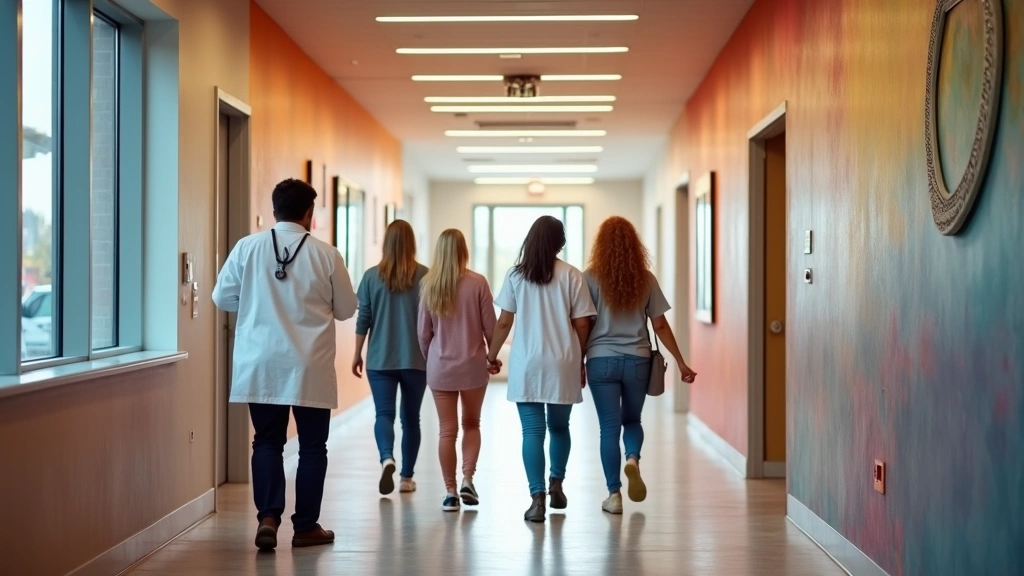 LGBTQ+ affirming healthcare environment with diverse patients in clinic hallway, inclusive medical office design, modern faci