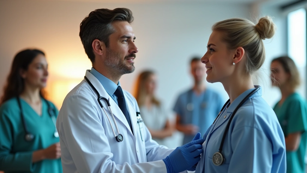 Professional doctor in white coat conducting patient examination in modern clinic setting, warm lighting, diverse healthcare team visible in background