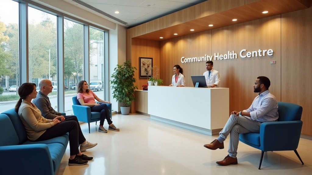 Community health center reception area with welcoming staff at desk, diverse patients in waiting room, modern medical facilit