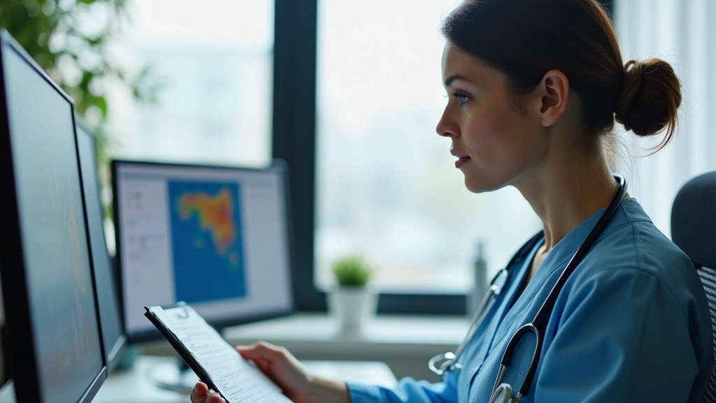 Female healthcare provider reviewing patient medical records on computer in clinical office, professional medical environment