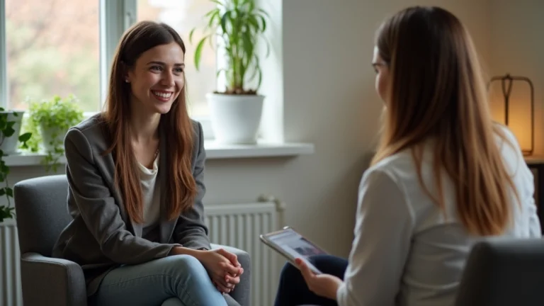 Professional woman in therapy session with compassionate female therapist in modern mental health clinic office, warm lighting, comfortable seating