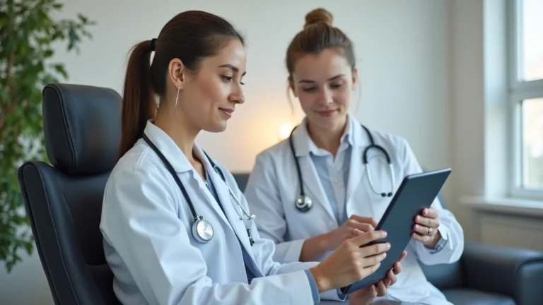 Professional female OB/GYN doctor in white coat with stethoscope examining patient in modern medical office with soft lighting and comfortable examination room