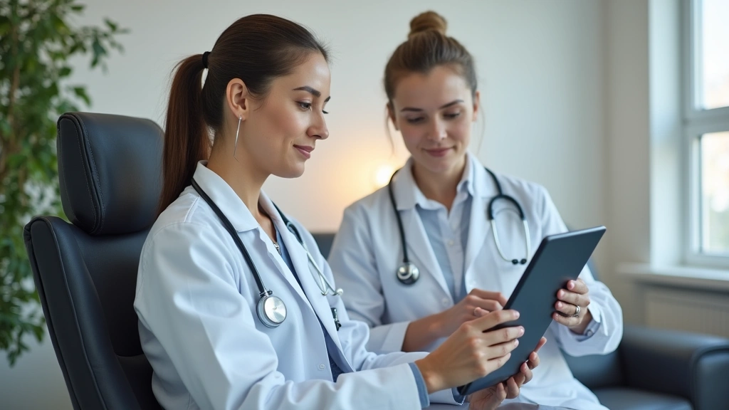 Professional female OB/GYN doctor in white coat with stethoscope examining patient in modern medical office with soft lighting and comfortable examination room