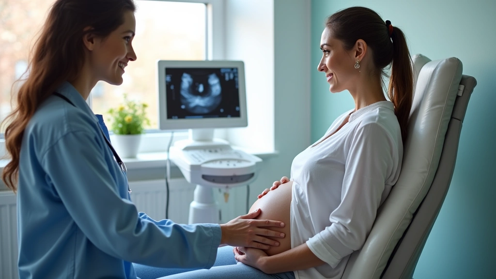 Pregnant woman having ultrasound examination with female healthcare provider in modern clinic setting, showing care and profe
