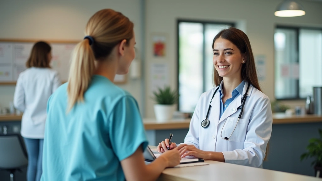 Female patient scheduling appointment at reception desk with friendly medical staff member in welcoming healthcare office env