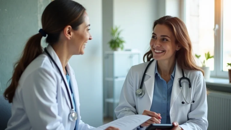 Healthcare provider in white coat having friendly consultation with female patient in modern clinic office, both smiling, natural lighting