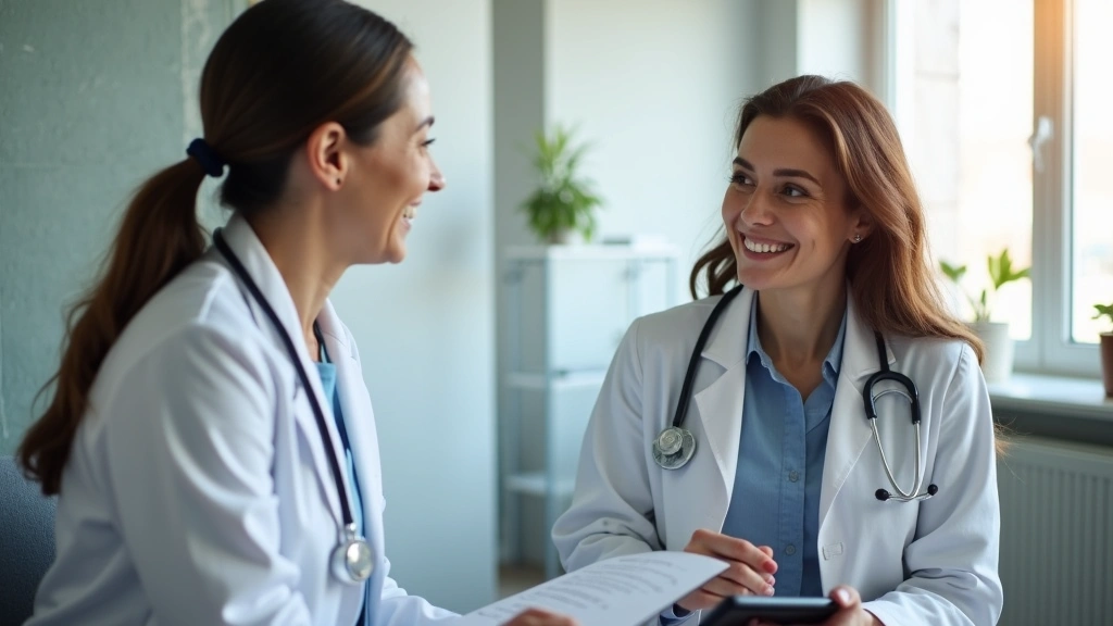 Healthcare provider in white coat having friendly consultation with female patient in modern clinic office, both smiling, natural lighting