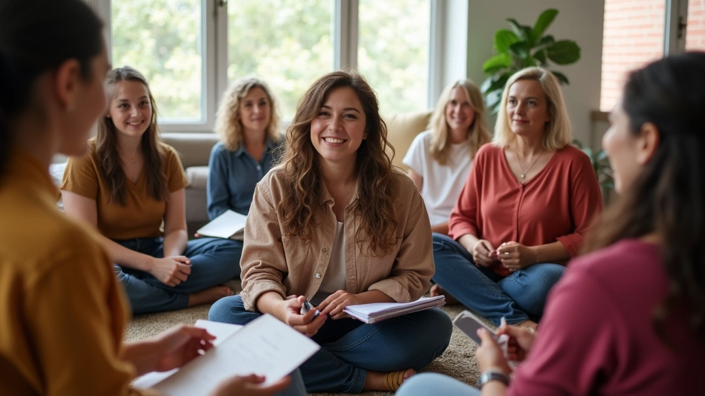 Group of diverse women in circle during health education workshop, holding materials, engaged in discussion, bright community