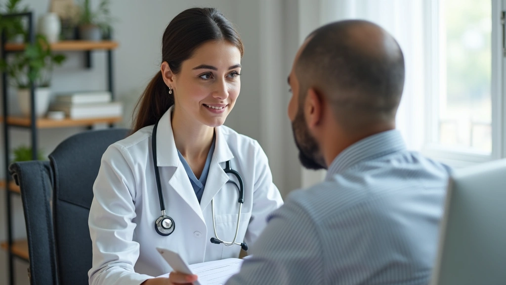 Female doctor reviewing medical chart with patient during telemedicine consultation on computer, home office background, prof