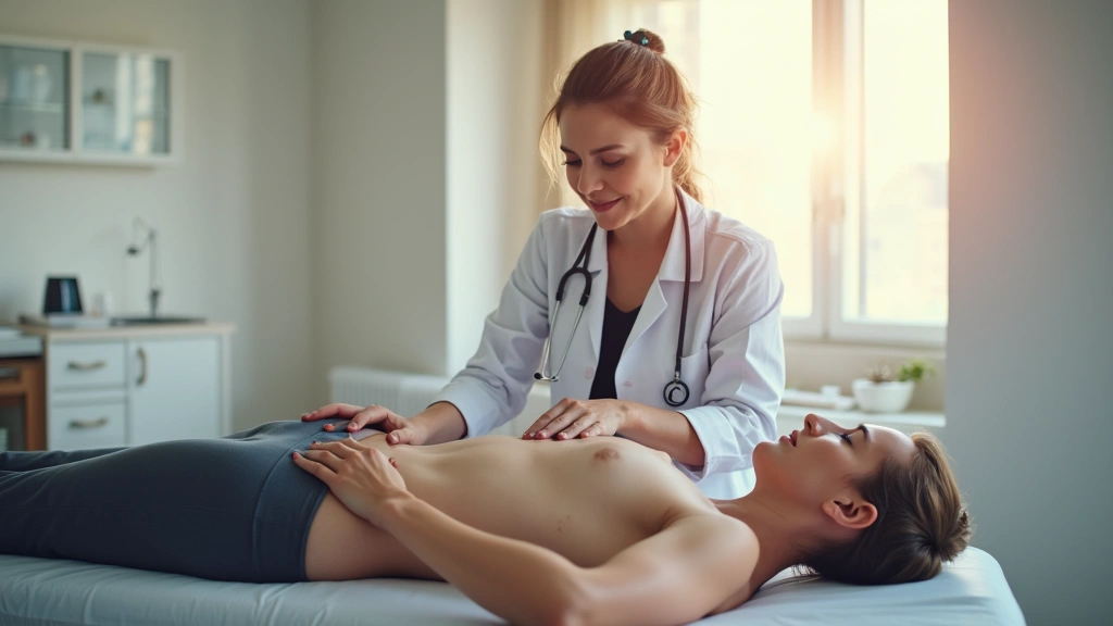 Female physical therapist in clinical setting with patient on treatment table, professional healthcare environment, warm lighting, showing therapeutic care and trust