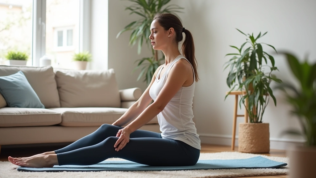 Woman performing pelvic floor exercises at home with proper posture, comfortable living room setting, demonstrating home-base