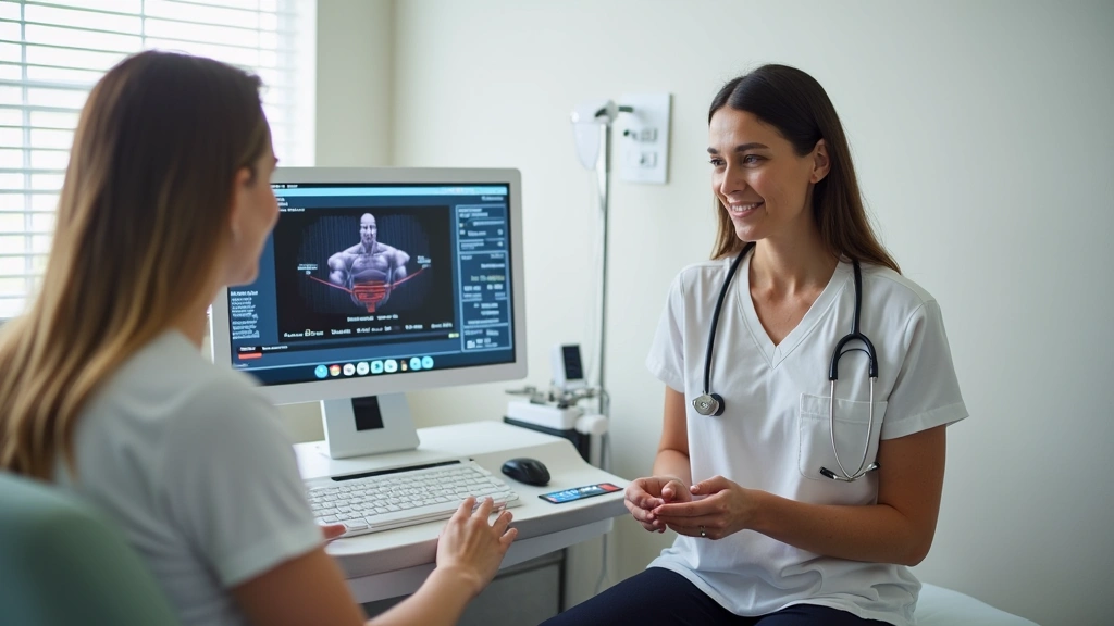 Womens health physical therapist using biofeedback equipment for pelvic floor assessment, modern medical clinic, patient and 