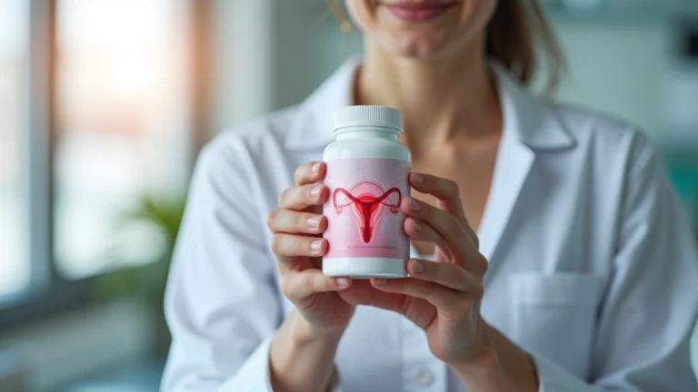 Woman holding probiotic supplement bottle with vaginal health imagery, clinical laboratory setting, professional healthcare environment, natural lighting, close-up product focus
