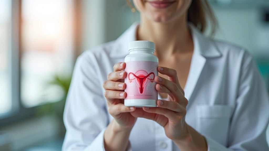 Woman holding probiotic supplement bottle with vaginal health imagery, clinical laboratory setting, professional healthcare environment, natural lighting, close-up product focus