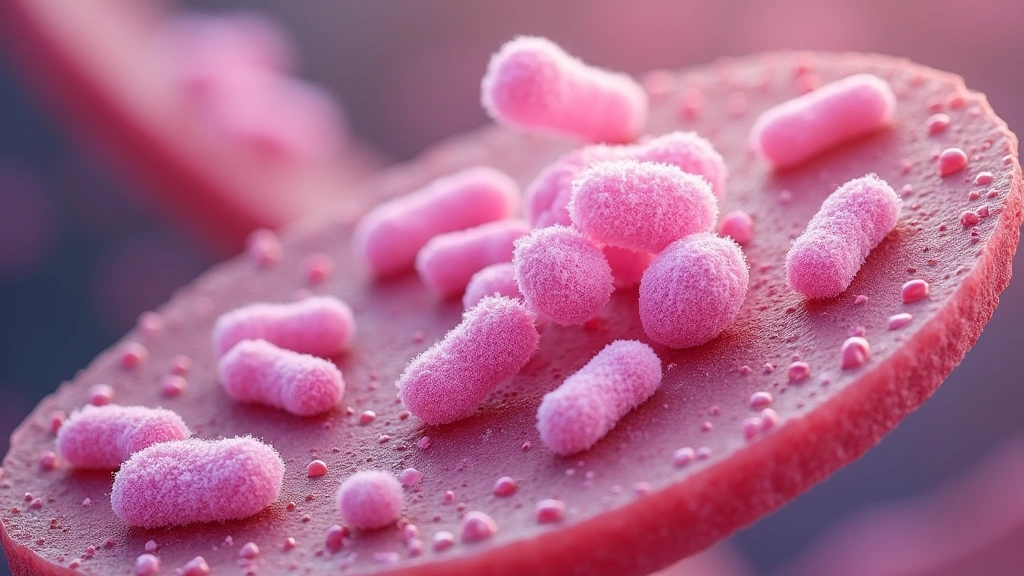 Microscopic view of beneficial Lactobacillus bacteria colonies on vaginal tissue, scientific medical illustration style, vibr
