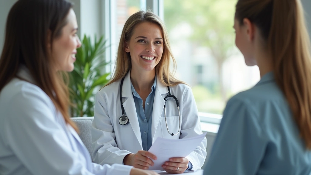 Woman in medical consultation room reviewing probiotic supplement information with healthcare professional, telehealth settin