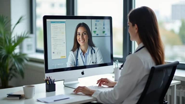 Behavioral health clinician at desk reviewing digital patient records on computer screen in modern mental health clinic office setting
