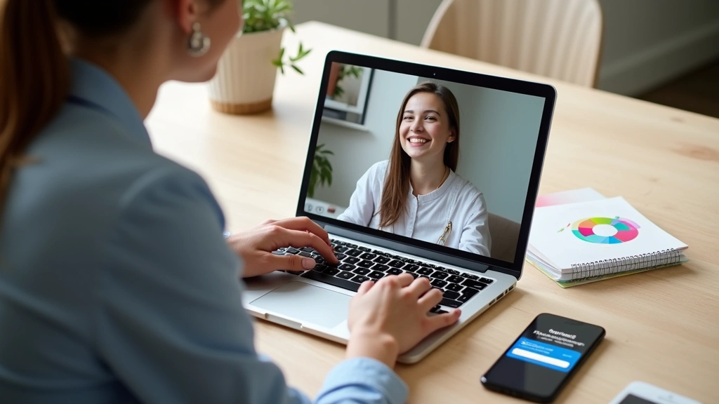 Therapist conducting telehealth session on laptop with automated appointment reminder notification visible on smartphone besi