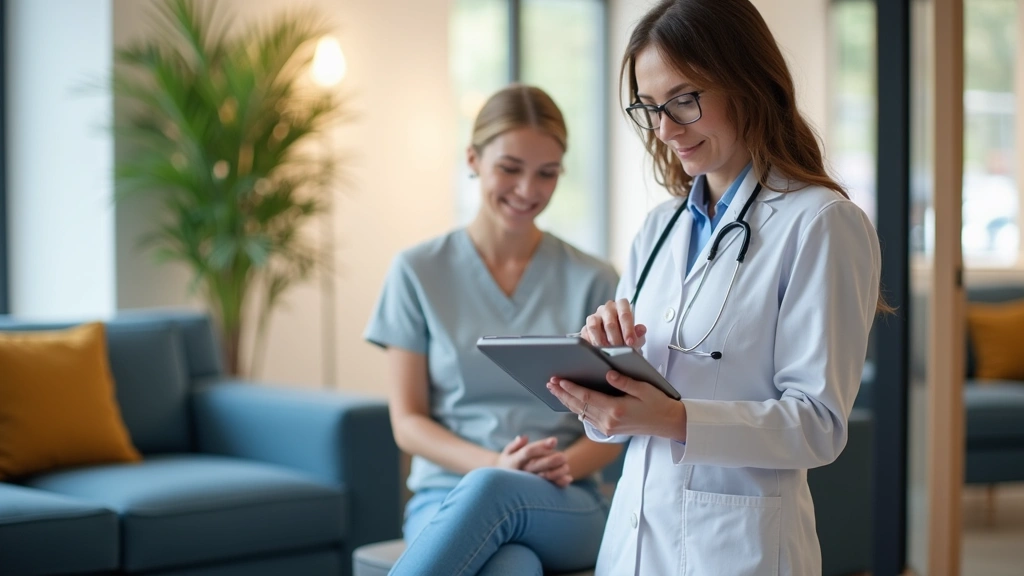 Medical staff processing patient intake forms digitally using tablet in welcoming psychiatric clinic waiting area with comfor