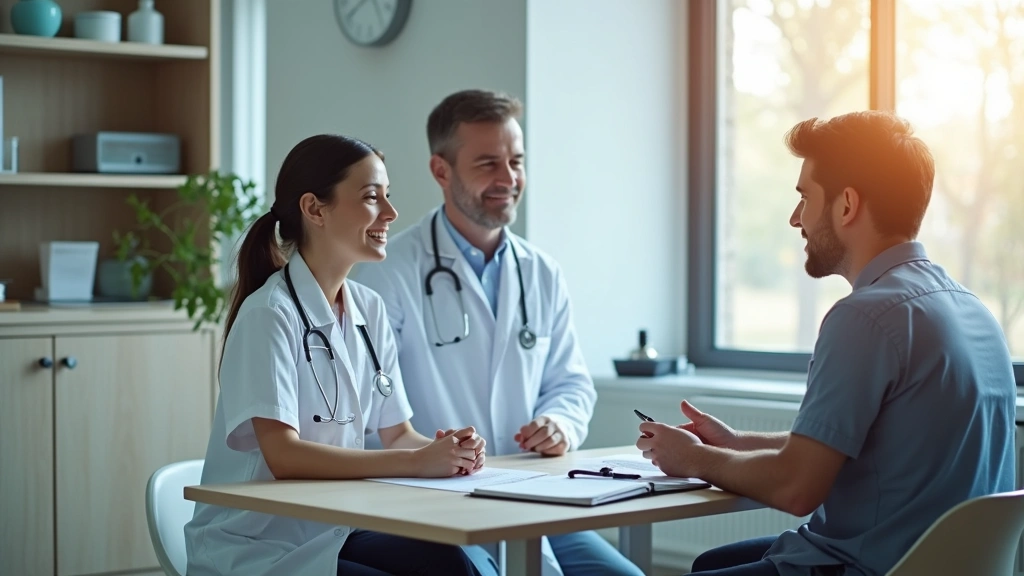 Professional medical consultation room with doctor and patient in discussion, modern healthcare setting, natural lighting, calm and welcoming atmosphere