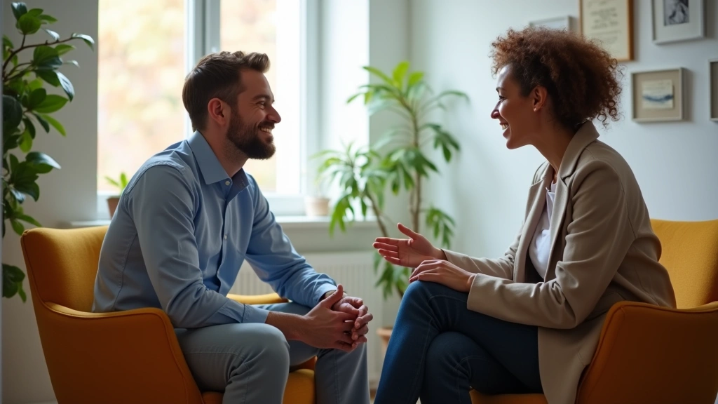 Mental health counseling session in comfortable office space, therapist and patient in supportive conversation, warm interior