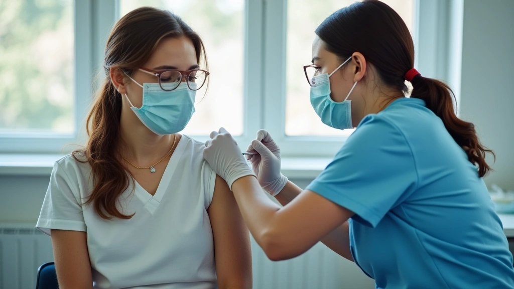 College student receiving vaccination at university health clinic, nurse administering shot, medical equipment visible, clean
